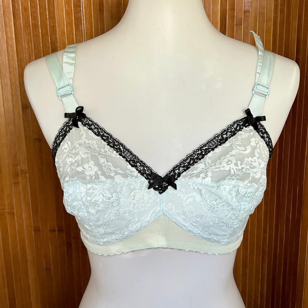 Vintage 1960s Vanity Fair Ice Blue & Black Lace Bra 34C Pinup Retro
